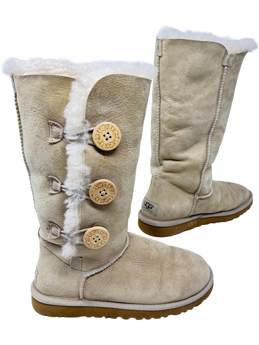 UGG Bailey Button Triplet II Tall Boots, Womens Size 6 Sand Light Tan Suede
